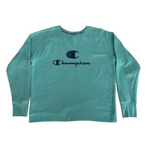 Champion Women's Spell Out Logo Pullover Teal Crew Neck Sweatshirt Size XL